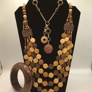 2 Wooden Beaded Necklaces and a Bangle Bracelet Bundle